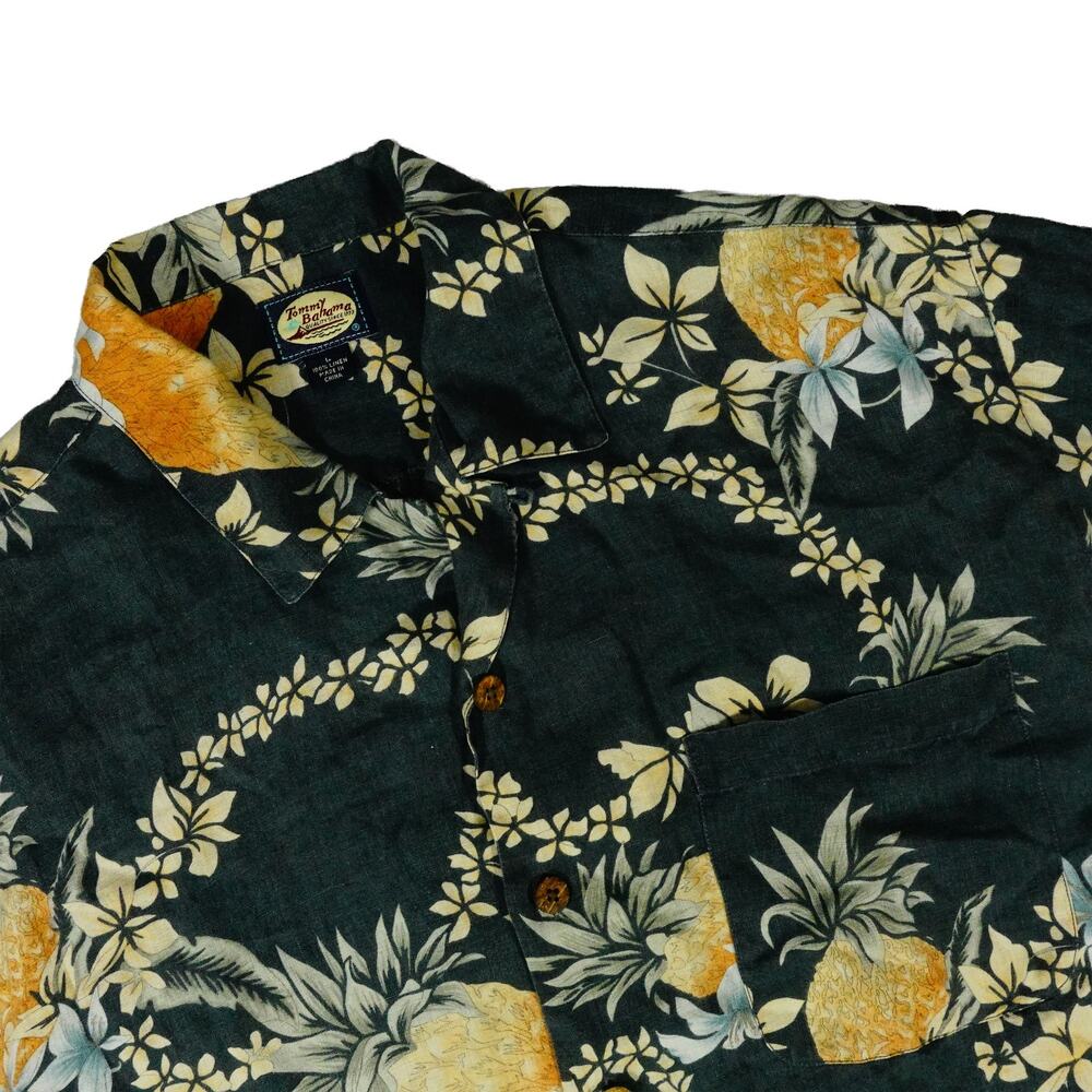 Tommy Bahama Vintage Linen Floral Hawaiian Button Up Pineapple Camp Shirt Large